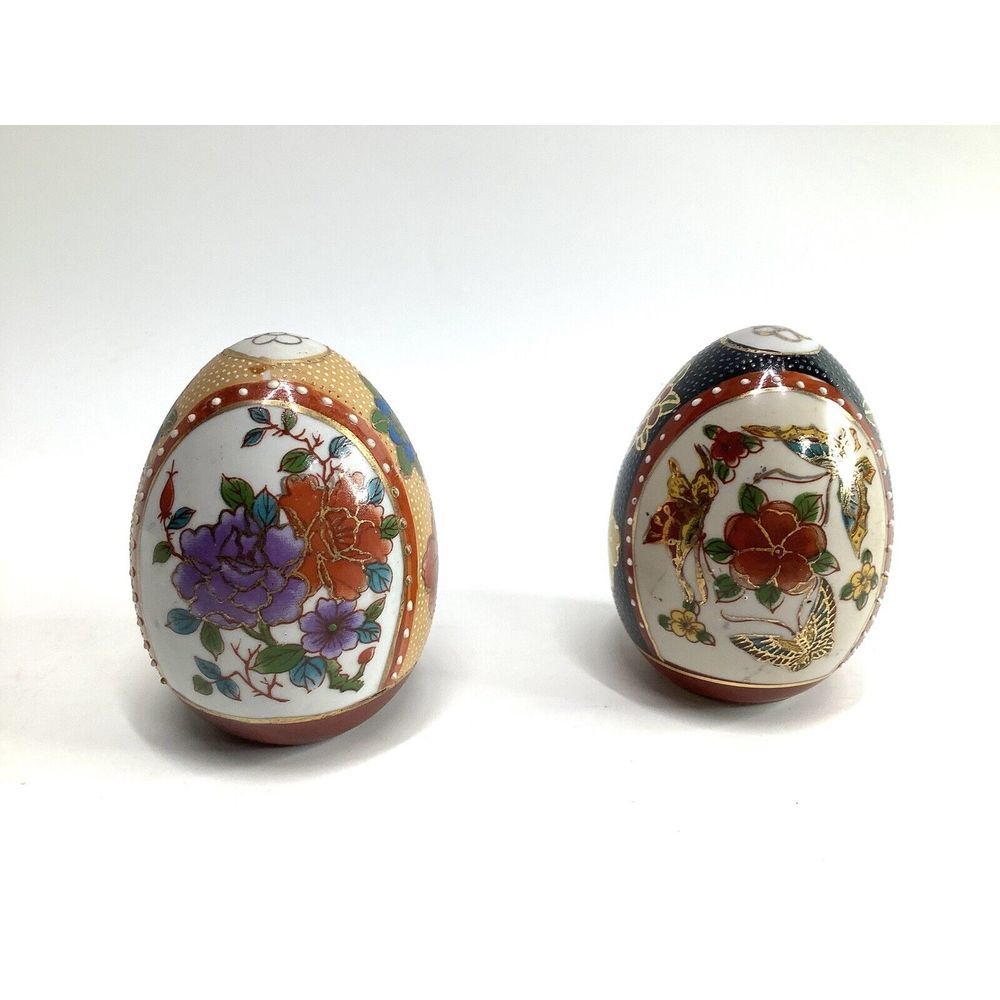 2 Hand Painted Oriental Porcelain Large Eggs Floral Butterfly 3.5"